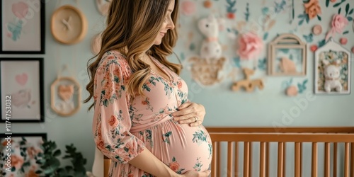 Pregnant woman, floral dress, nursery room, baby crib, paper decorations, warm tones, soft lighting, bohemian style, expectant mother, tender moment, vintage aesthetic, pastel colors, dreamy atmospher