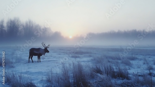 Majestic Reindeer in a Misty Winter Sunrise