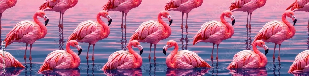 Fototapeta premium Pink flamingos in continuous seamless vector pattern , pastel, abstract, design