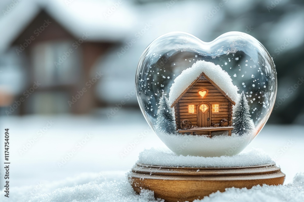 A cozy winter design with a heart - shaped snow globe featuring a tiny romantic cabin inside, with space for text on the base Valentine’s Day card