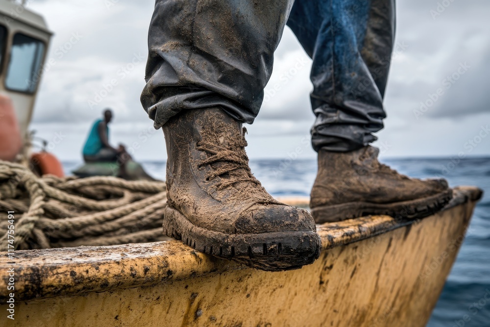 A Fisherman's Work Boots Resting on the Edge of a Fishing Boat Surrounded by Ocean Waves and Overcast Skies, Highlighting the Tough Life at Sea A Fisherman's Work Boots Resting on the Edge of a Fishing Boat Surrounded by Ocean Waves and Overcast Skies, Highlighting the Tough Life at Sea