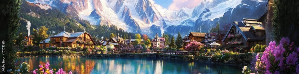Fototapeta premium Idyllic alpine village, tranquil lake reflection, snow-capped mountains, traditional wooden chalets, colorful flowers in foreground, serene atmosphere, blue sky with wispy clouds, picturesque landscap
