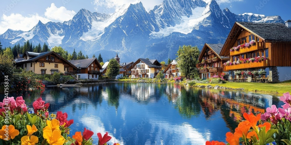 Naklejka premium Idyllic alpine village, tranquil lake reflection, snow-capped mountains, traditional wooden chalets, colorful flowers in foreground, serene atmosphere, blue sky with wispy clouds, picturesque landscap