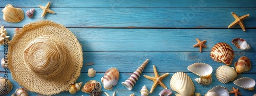 Beach vacation, straw hat, seashells, starfish, turquoise wooden background, summer holiday, coastal decor, tropical getaway, nautical theme, sand texture, weathered wood, soft lighting, natural compo