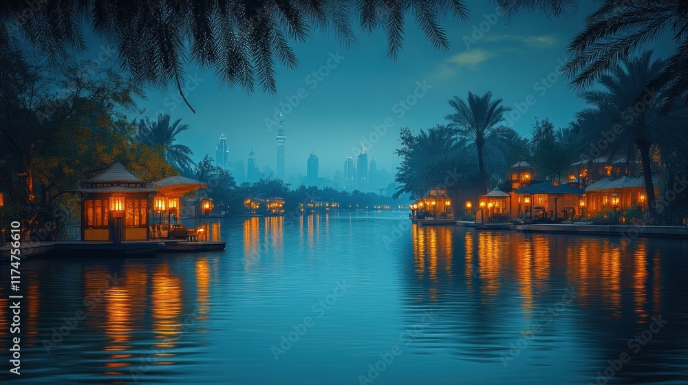 Fototapeta premium Serene evening view of a waterway with illuminated structures and a city skyline backdrop.