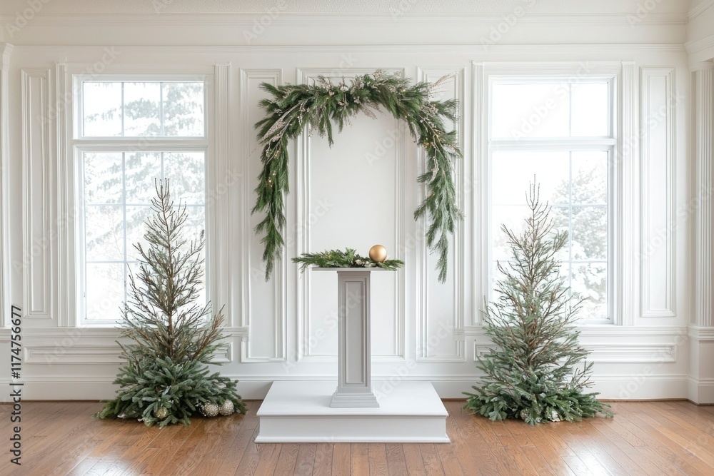 Fototapeta premium Elegant Christmas Decor With Greenery And White Pedestal