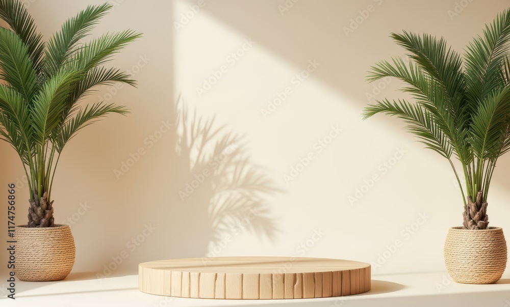 Elegant studio setup with greenery and podium Elegant studio setup with greenery and podium