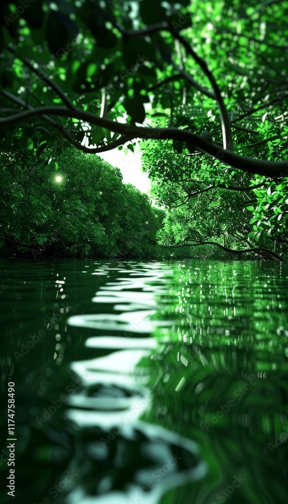 Enigmatic moonlit swamp with glowing water and spiraling ghostly trees under the night sky Enigmatic moonlit swamp with glowing water and spiraling ghostly trees under the night sky