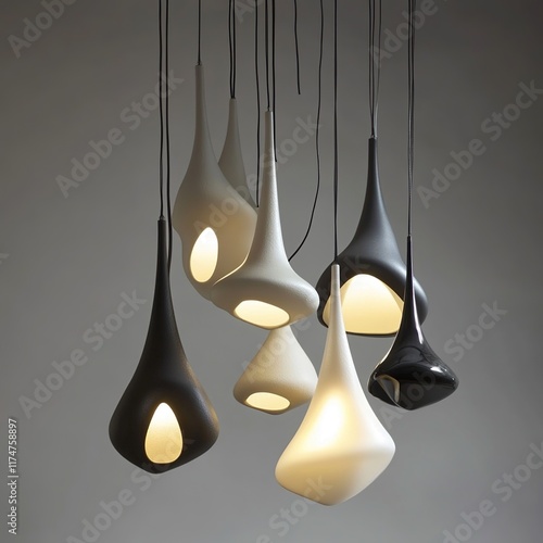 Modern pendant lights, teardrop shaped, ceramic, hanging, illuminated. photo