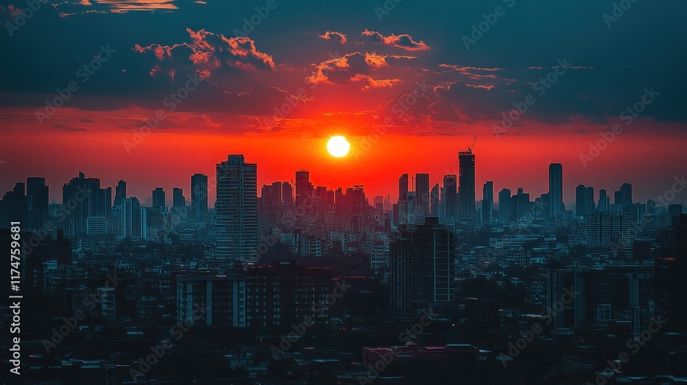 Fototapeta premium A vibrant sunset over a city skyline, casting warm hues across towering buildings.