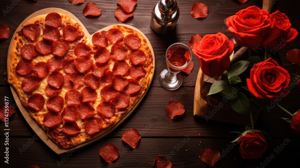 Fototapeta premium Valentine's Day Romance: Heart-Shaped Pepperoni Pizza with Red Roses and Wine Glasses, Set on Dark Wood, Wide-Angle High-Angle View
