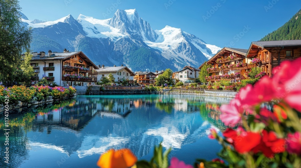Naklejka premium Idyllic alpine village, tranquil lake reflection, snow-capped mountains, traditional wooden chalets, colorful flowers in foreground, serene atmosphere, blue sky with wispy clouds, picturesque landscap