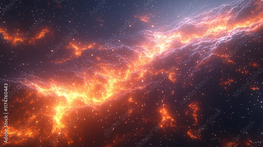 Fiery cosmic nebula, glowing plasma streams across a dark starfield. Fiery cosmic nebula, glowing plasma streams across a dark starfield.