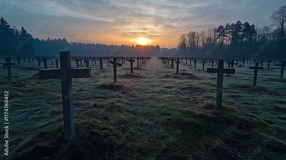Fototapeta premium Sunrise over a Field of Crosses: A Serene and Somber Dawn