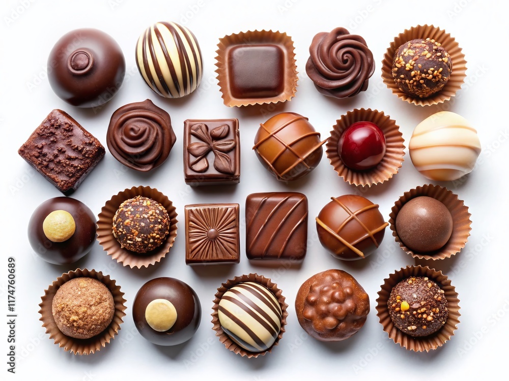 Assorted Delicious Chocolate Candies, Top View, Isolated on White Background Assorted Delicious Chocolate Candies, Top View, Isolated on White Background