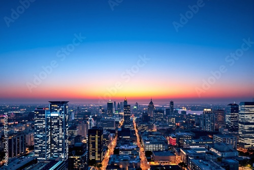 A vibrant city skyline at sunset with illuminated buildings, gradient sky transitioning from orange to blue, and a bustling urban atmosphere. Ai generative photo