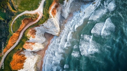 A breathtaking aerial view of a coastal landscape. The contrast of vibrant cliffs and calming ocean waves creates a stunning visual. Nature’s beauty on display. Generative AI