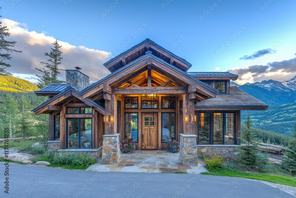 Obraz premium A picturesque chalet with panoramic windows and a rustic wooden front door, overlooking a serene alpine valley