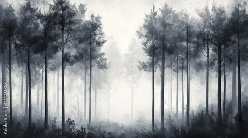 Wallpaper Mural Monochromatic misty forest path with tall pine trees. Torontodigital.ca