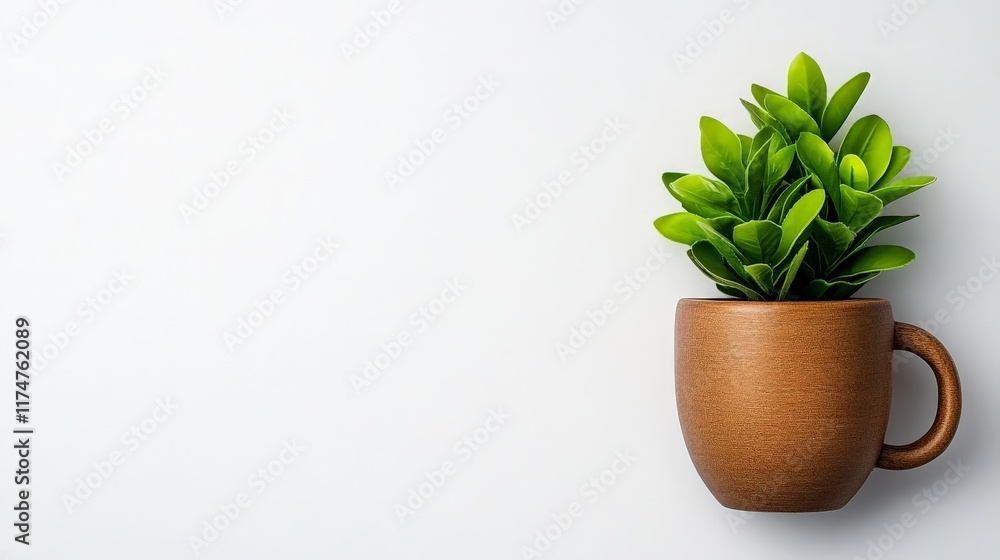 Plant in Coffee Mug: A vibrant green plant sprouts from a rustic brown coffee mug, creating a minimalist yet lively scene. Perfect for adding a touch of nature to your workspace or home. Plant in Coffee Mug: A vibrant green plant sprouts from a rustic brown coffee mug, creating a minimalist yet lively scene. Perfect for adding a touch of nature to your workspace or home.