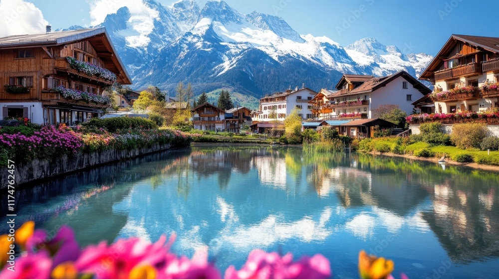 Naklejka premium Idyllic alpine village, tranquil lake reflection, snow-capped mountains, traditional wooden chalets, colorful flowers in foreground, serene atmosphere, blue sky with wispy clouds, picturesque landscap