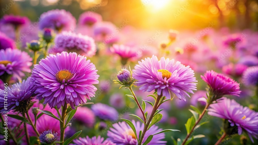 Autumn Meadow Landscape with Blooming Asters and White Space for Text - Perfect for Fall Season Designs Autumn Meadow Landscape with Blooming Asters and White Space for Text - Perfect for Fall Season Designs