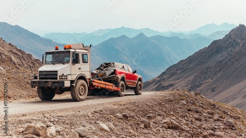 Tow truck transporting a broken red car on a mountainous dirt road.