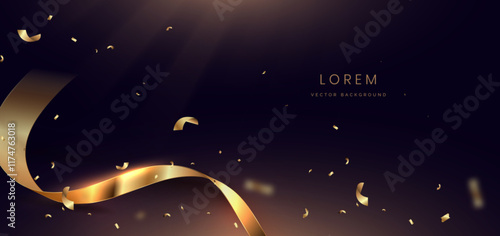 Golden confetti and ribbon on dark background. Celebration grand openning party happy concept.