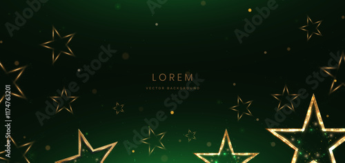 Golden star on dark green background with lighting effect and sparkle.