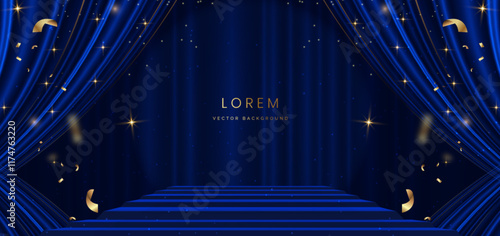 Stage blue curtain background. Golden confetti  background. Celebration grand opening party happy concept.