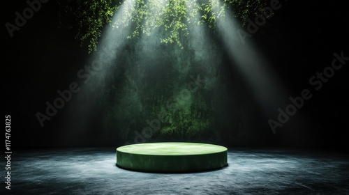 A minimalist green podium illuminated by soft light from above