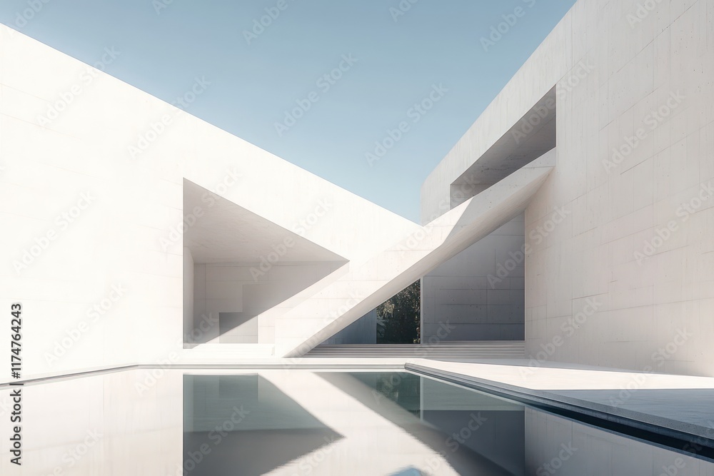 Fototapeta premium A pure white geometric building with shadow-casting overhangs and a reflecting pool