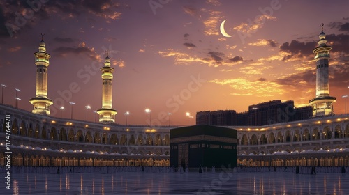 Ramadan Eid Sunset Sky Moon Crescent Hajj Kaaba Islam Desert Background Mubaruk Greeting Isra Allah Masjid Arabic Culture Element Eid Arabian Religion Islamic Muhammad Arab Muslim Greeting Miraj photo