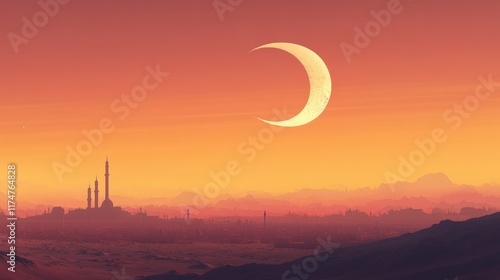 Ramadan Eid Sunset Sky Moon Crescent Hajj Kaaba Islam Desert Background Mubaruk Greeting Isra Allah Masjid Arabic Culture Element Eid Arabian Religion Islamic Muhammad Arab Muslim Greeting Miraj photo