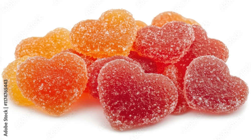 A close-up of sugar-coated marmalade hearts in red and orange tones, isolated on white, ideal for festive Valentine's designs. A close-up of sugar-coated marmalade hearts in red and orange tones, isolated on white, ideal for festive Valentine's designs.