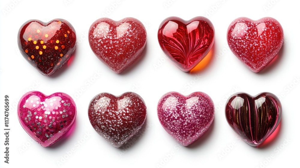 A collection of red and pink marmalade hearts, glistening with sugar, isolated on a white background for sweet and romantic visuals. A collection of red and pink marmalade hearts, glistening with sugar, isolated on a white background for sweet and romantic visuals.