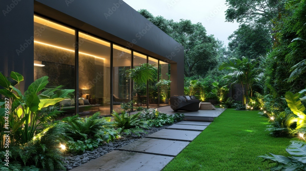 Naklejka premium A modern garden patio with lush greenery and soft ambient lighting
