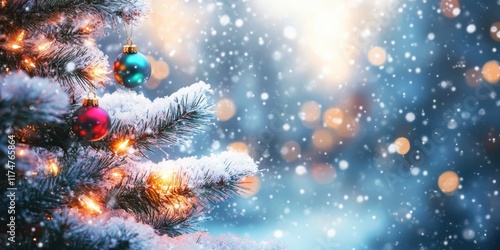 Wallpaper Mural Christmas decorations, snowy pine branches, colorful ornaments, glowing bokeh lights, frosty winter scene, magical holiday atmosphere, soft focus, warm tones, nostalgic festive mood, close-up detail,  Torontodigital.ca