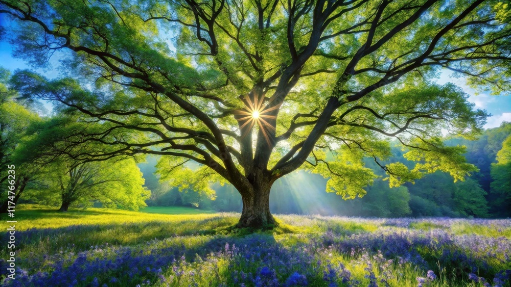 Majestic ancient tree bathed in sunlight, surrounded by a vibrant field of wildflowers, symbolizing nature's serene beauty and the passage of time. Majestic ancient tree bathed in sunlight, surrounded by a vibrant field of wildflowers, symbolizing nature's serene beauty and the passage of time.