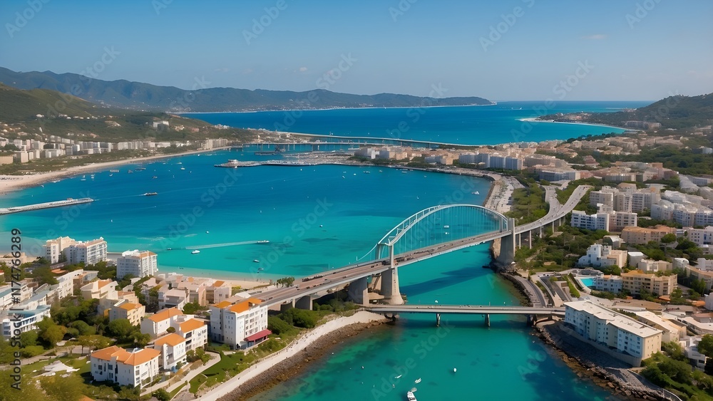 Fototapeta premium Scenic View Of The Picturesque Coastal Cityscape With Picturesque Bridge And Turquoise Waters