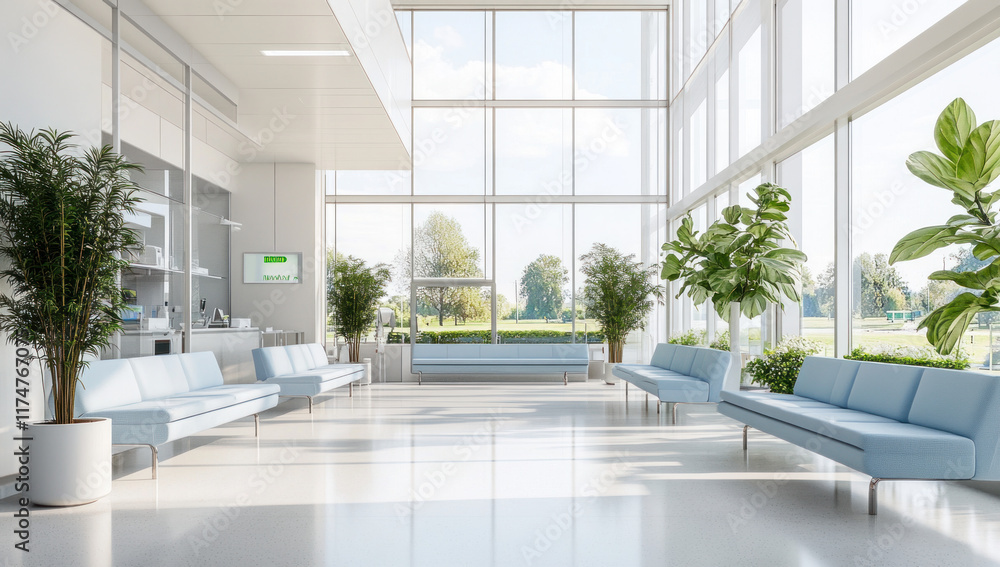 Fototapeta premium Modern bright waiting room with light blue sofas, large windows, and potted plants.