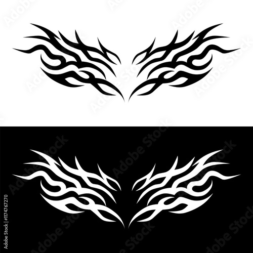 Vector Symmetrical tribal flame designs in black and white, tattos, y2k
