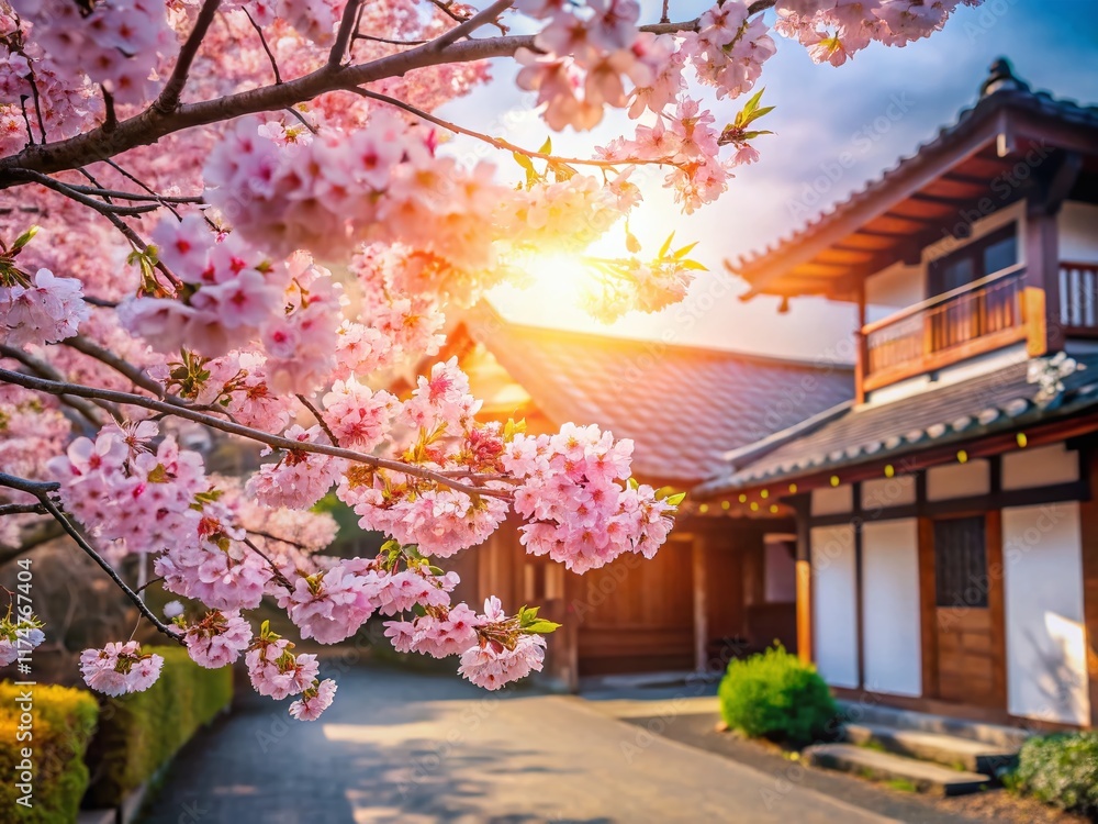 Blooming Sakura Tree Near House - Springtime Japanese Garden Scene Blooming Sakura Tree Near House - Springtime Japanese Garden Scene