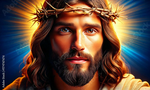 A highly detailed 3D close-up portrait of Jesus Christ, with a serene expression, wearing a flowing white robe and a crown of thorns