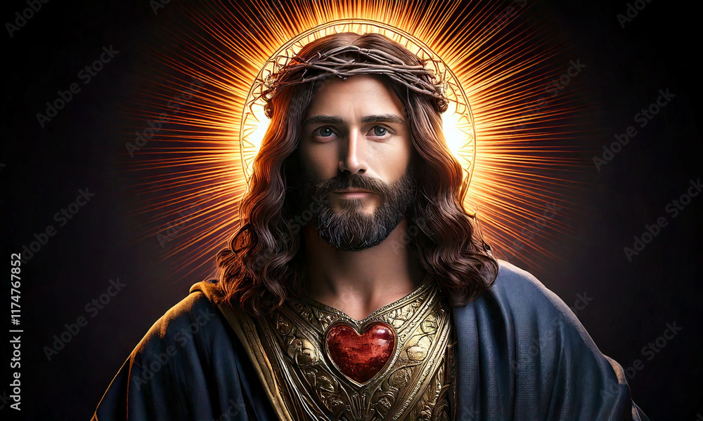 A highly detailed 3D close-up portrait of Jesus Christ, with a serene expression, wearing a flowing white robe and a crown of thorns A highly detailed 3D close-up portrait of Jesus Christ, with a serene expression, wearing a flowing white robe and a crown of thorns