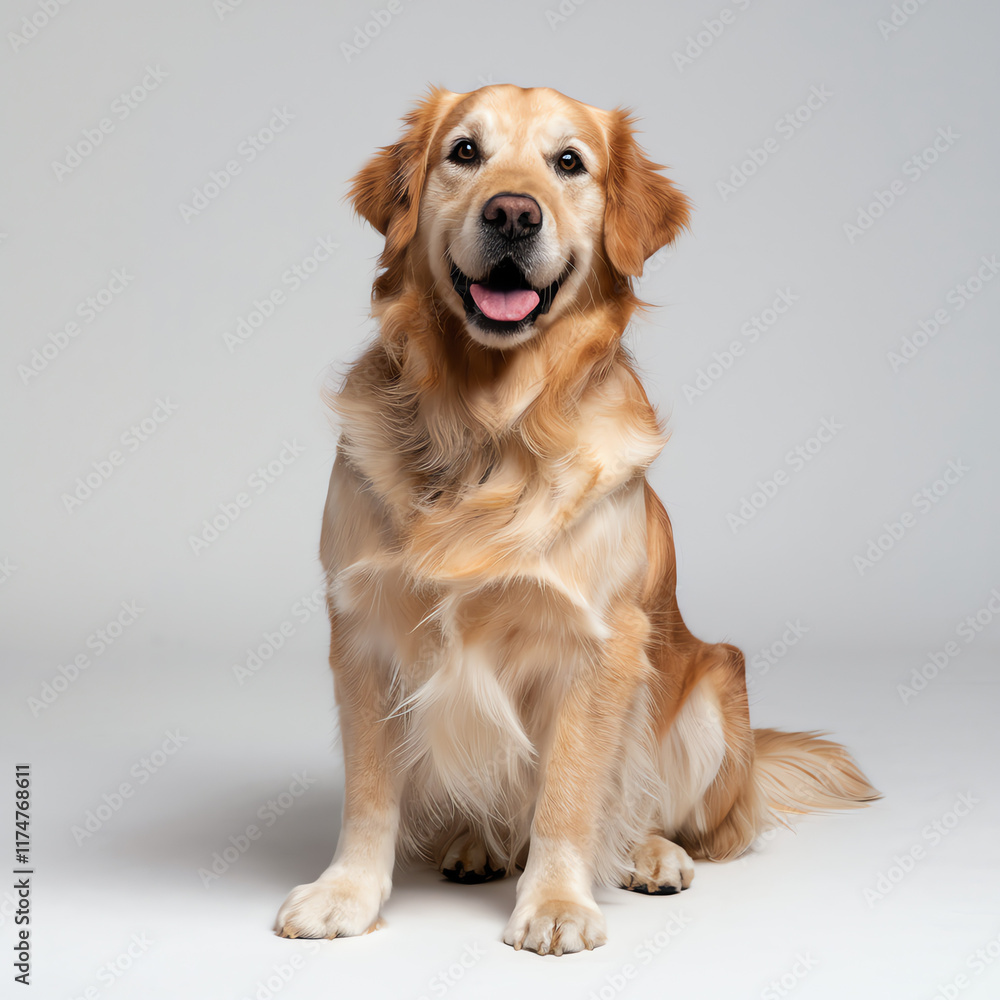 Golden retriever sits calmly in studio environment with a cheerful expression Golden retriever sits calmly in studio environment with a cheerful expression