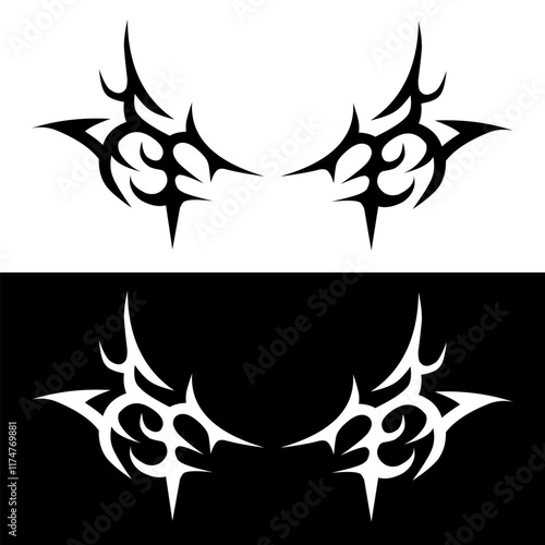 A symmetrical tribal tattoo design in black and white variations.