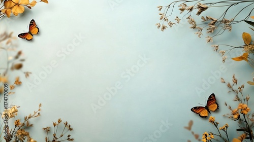 Serene pastel blue background adorned with delicate dried flowers and two monarch butterflies.  A tranquil, minimalist nature scene.