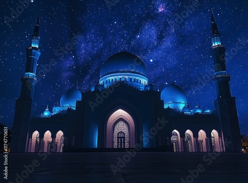 mosque at night with starry sky in the background, stock photo, high resolution photography, high definition photo