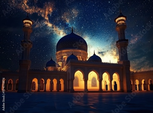 mosque at night with starry sky in the background, stock photo, high resolution photography, high definition photo